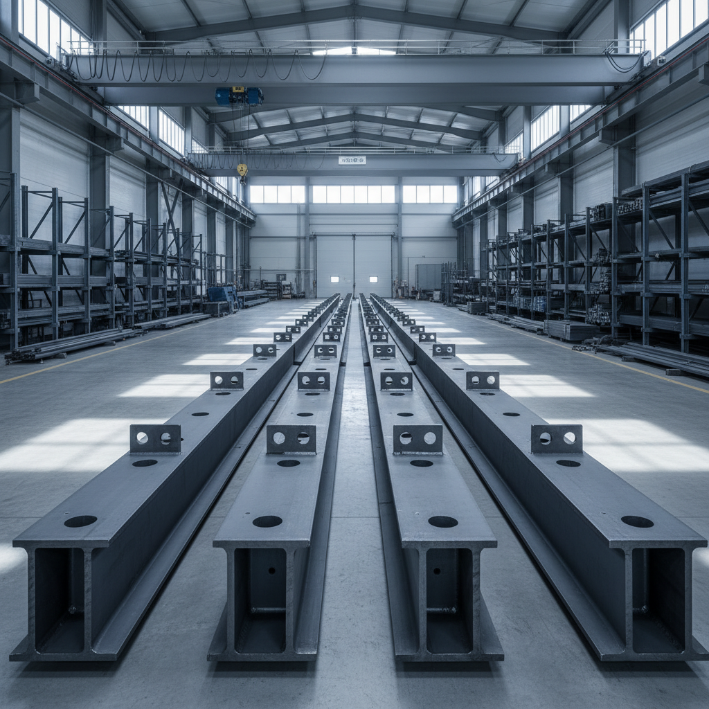 A vast industrial fabrication hall featuring a long row of massive, dark gray structural steel beams laid out on a spotless concrete floor, each beam precisely aligned with milled holes and welded brackets for future assembly. Overhead gantry cranes and organized racks of steel profiles recede into the background, all in neutral grays and cool metallic tones. Soft, diffused daylight enters from high clerestory windows, creating gentle reflections along the steel surfaces and clean, linear shadows. Photographed at eye level with a wide-angle lens, the composition emphasizes depth, order, and scale, with sharp focus throughout. The atmosphere is professional, controlled, and highly organized, with a clean, modern corporate aesthetic and photographic realism that highlights precision and engineering excellence.