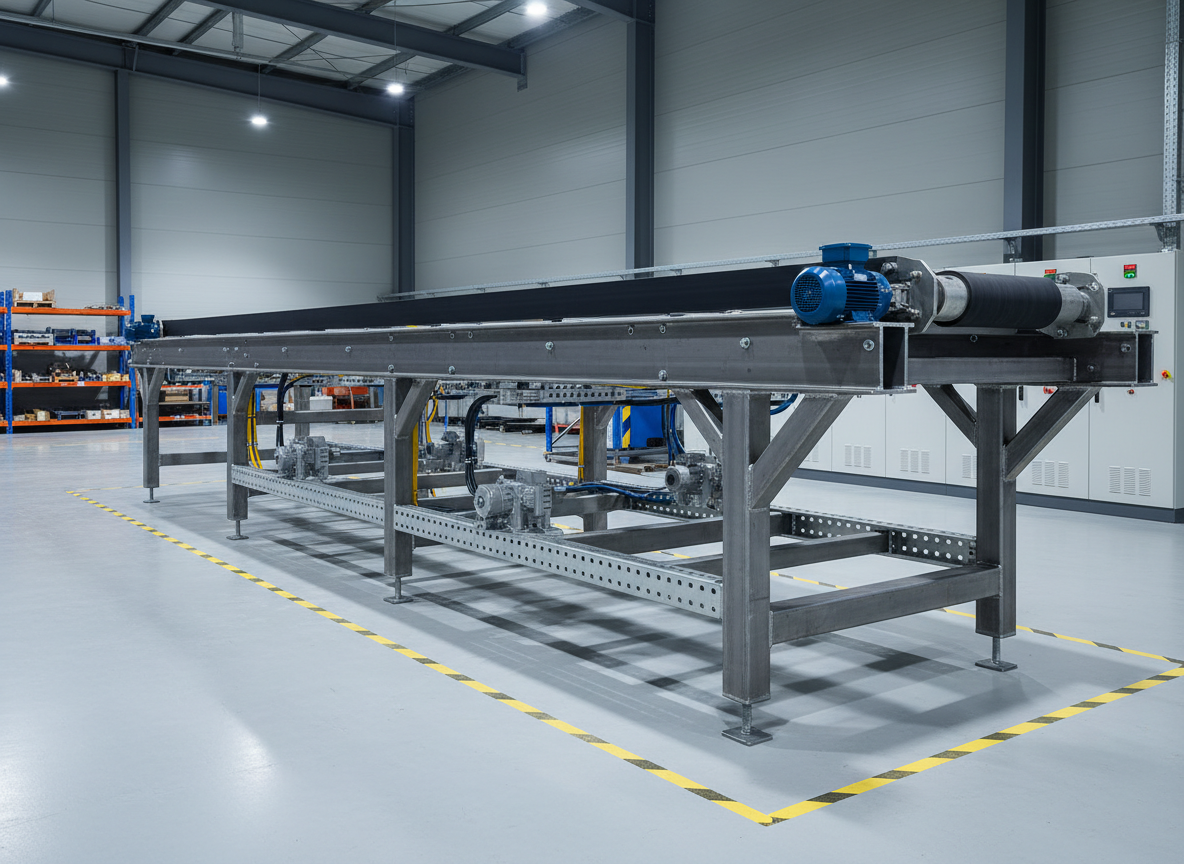 A large, fully assembled steel conveyor frame integrating structural I-beams, tensioned black rubber belts, and precisely mounted electric motors, positioned on a pristine factory floor marked with subtle safety lines. Cable trays run neatly along the frame, and compact gearboxes and alignment rollers are visible beneath the belt. Neutral gray walls and a tidy background of storage racks and control cabinets keep attention on the integrated system. Cool, even overhead industrial lighting creates crisp highlights on the steel edges and soft shadows beneath the structure. Captured from a three-quarter angle at eye level, the image uses rule-of-thirds composition and sharp focus to convey robustness and reliability. The mood is efficient and professional, with a clean, photographic, corporate look that showcases a complete, ready-for-installation steel assembly.