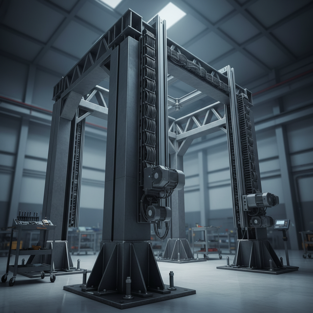 A towering, partially assembled steel gantry structure with integrated cable trays, drive motors, and precision guide rails, rising from a heavy baseplate anchored to a spotless workshop floor. The steel is finished in a uniform, industrial gray with sharp, clean welds and neatly aligned bolted connections. Surrounding the gantry are tidy tool carts and measurement stations kept intentionally out of focus, reinforcing a controlled environment. Cool, diffused overhead lighting creates defined lines along the vertical members and soft, directional shadows. Captured from a low-angle perspective to emphasize height and strength, the composition uses leading lines and deep focus to guide the eye upward through the structure. The mood is confident and technical, with a modern corporate aesthetic and realistic photographic style that highlights advanced, large-format steel engineering.