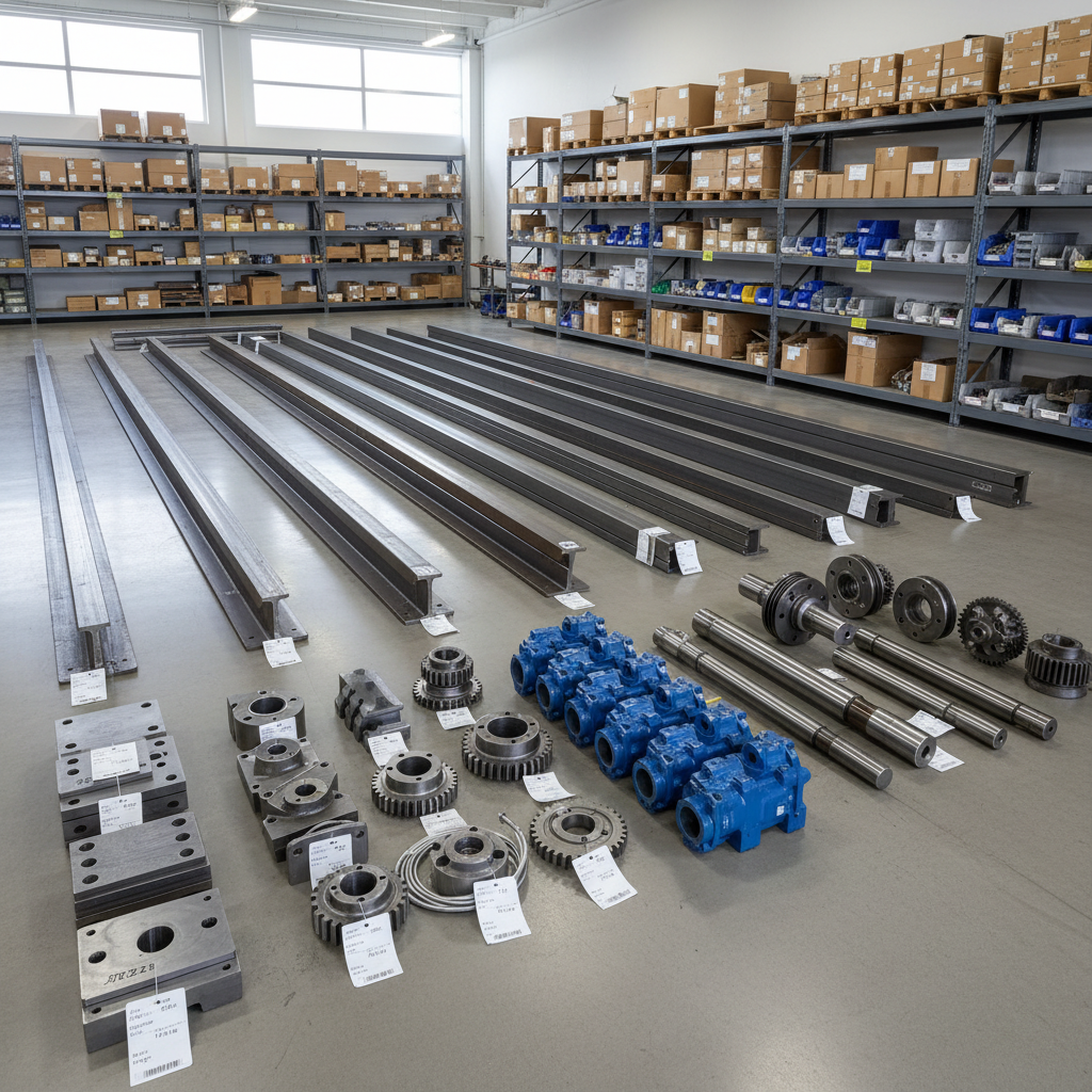 A carefully arranged layout of labeled steel components for a large industrial system, including long structural beams, machined plates, drive shafts, pulleys, and hydraulic manifolds, all placed in parallel rows on a spotless warehouse floor. Each part has a printed tag and is oriented consistently, creating a sense of order and readiness for assembly. The background shows tall, neutral-toned shelving with neatly stacked spare parts and boxed hardware. Overcast daylight from high side windows combines with soft overhead LEDs, producing balanced, shadow-free illumination with subtle metallic highlights. Photographed from a slightly elevated, wide-angle viewpoint, the composition emphasizes structure, alignment, and process. The atmosphere is organized and methodical, with a clean, corporate, photographic realism that communicates professionalism and system-level thinking.