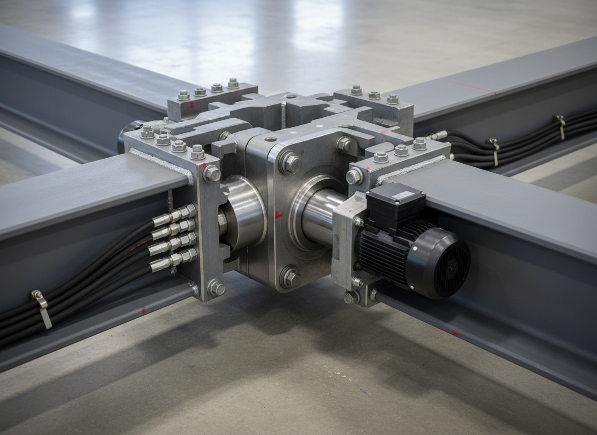 A close-up view of a precision-engineered steel junction where heavy-duty structural beams intersect with a hydraulic cylinder mount and motor bracket, all connected by perfectly torqued high-strength bolts. The steel surfaces show a mix of matte gray coatings and subtle brushed textures, with neatly routed hydraulic hoses and cable conduits hugging the structure. The assembly rests on a smooth, light-gray concrete surface with faint reflections. Neutral, diffused studio-style lighting highlights the crisp edges and surface details, casting minimal, controlled shadows. Shot with a slightly elevated macro perspective and shallow depth of field, the focus is on the connection point, while the rest of the assembly softly fades into the background. The mood is technical and precise, emphasizing engineering quality and integration in a clean, modern, photographic style.